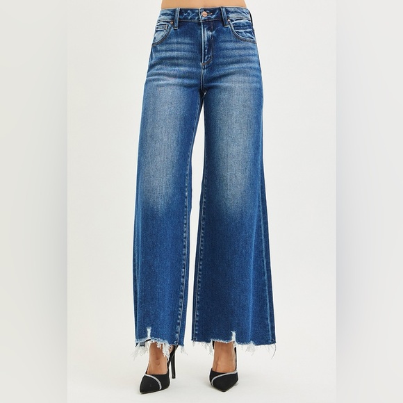 RISEN High Rise Wide Leg Jeans with Distressed Hem - Picture 6 of 7